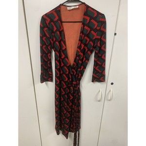 Diane Von Furstenberg Vintage Womens Silk Geometric‎ Wrap Dress Red Black 00